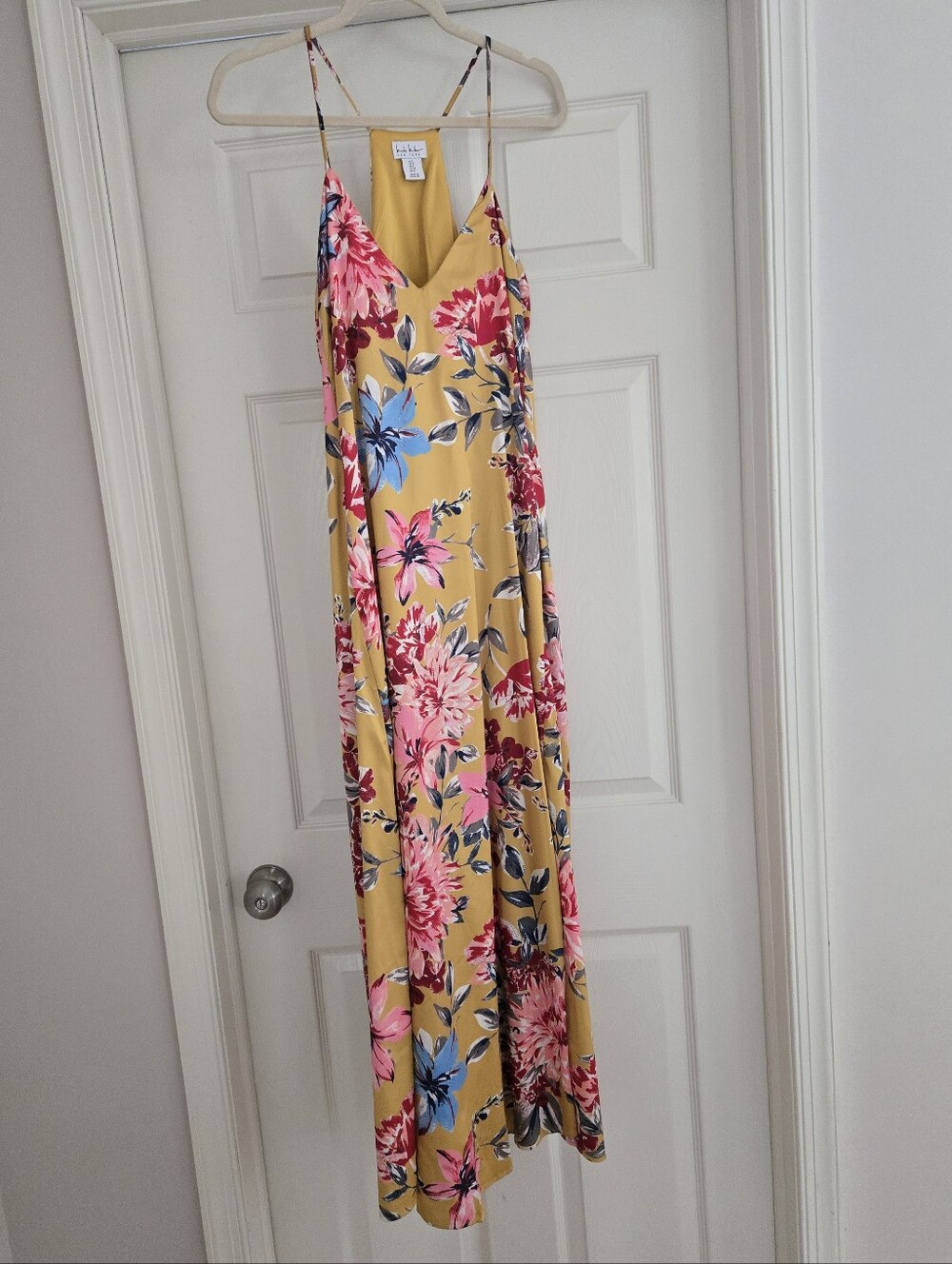 Floral Satin Slip Maxi Dress With Pockets - Yellow Pink /Multi Floral